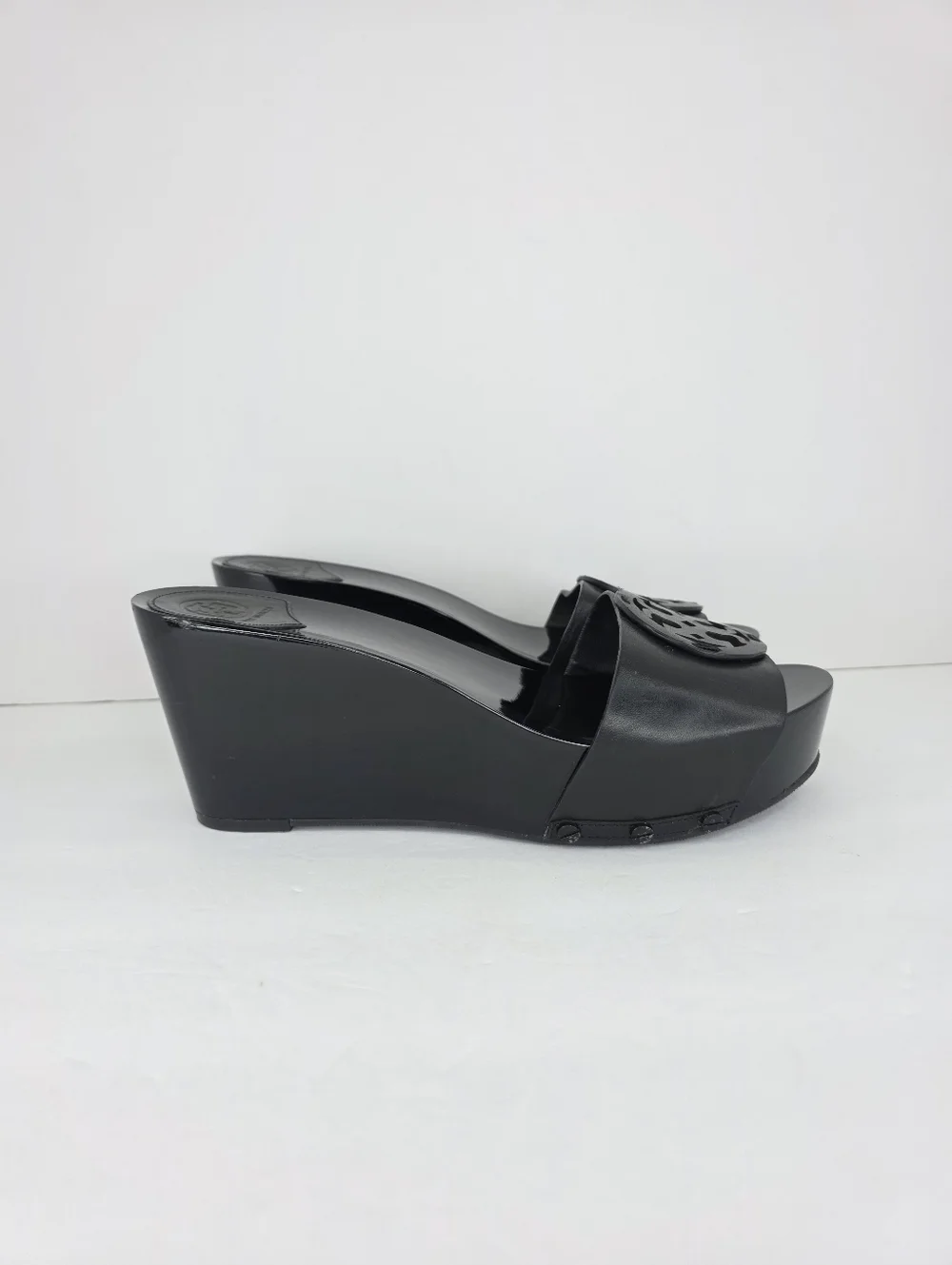 Tory Burch Patti Black Patent Slides Platform Wedge Heels Leather Sandals 9.5M